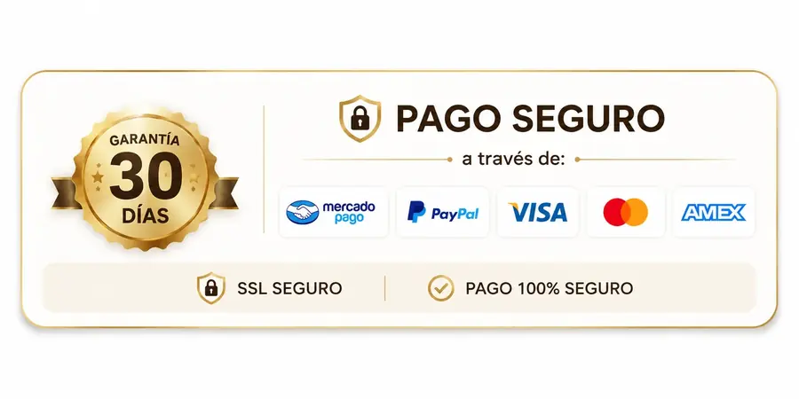 Pago seguro vía Mercado Pago, PayPal, Visa, Mastercard y AMEX · Garantía de 30 días · SSL, pago 100% seguro