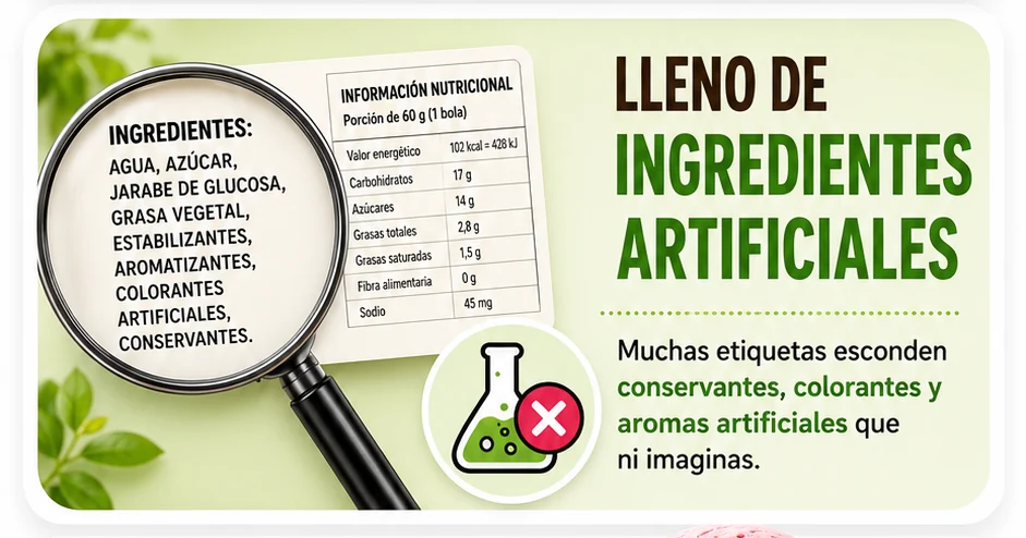 Lleno de ingredientes artificiales. Muchas etiquetas esconden conservantes, colorantes y aromas artificiales.