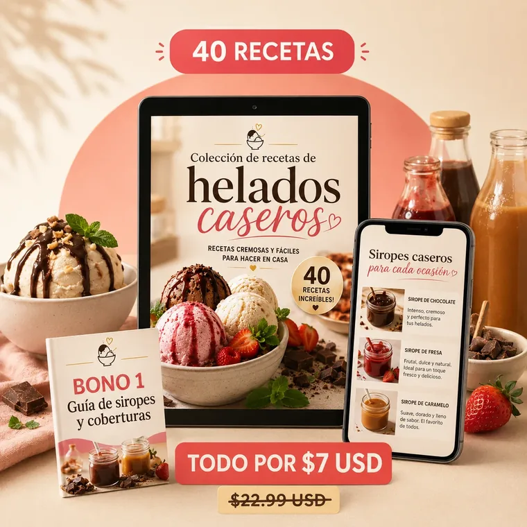 Colección de recetas de helados caseros — acceso en tablet y celular, con bono de siropes, todo por $7 USD
